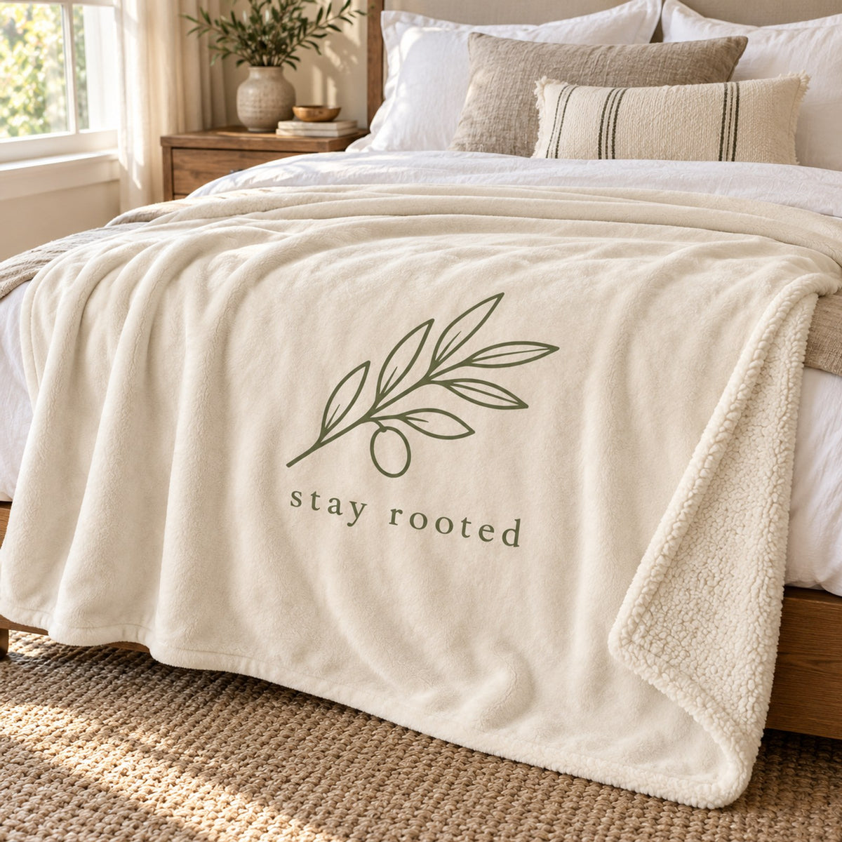 Ivory sherpa fleece blanket with an olive branch and stay rooted in soft charcoal, draped over a linen bed