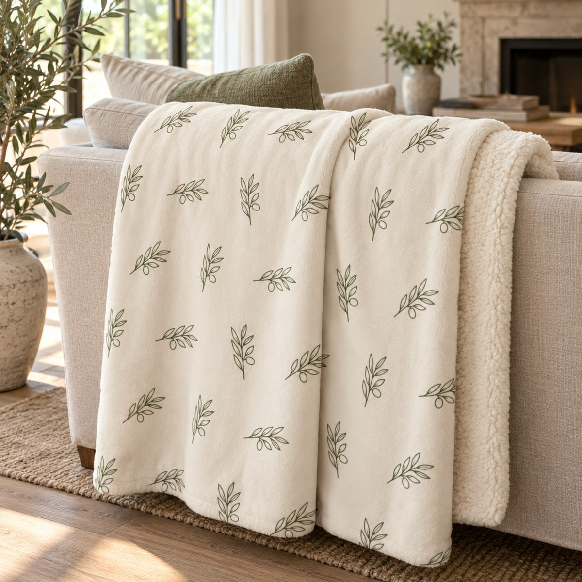 Ivory sherpa fleece blanket with an all-over olive branch pattern, draped over a cream sofa