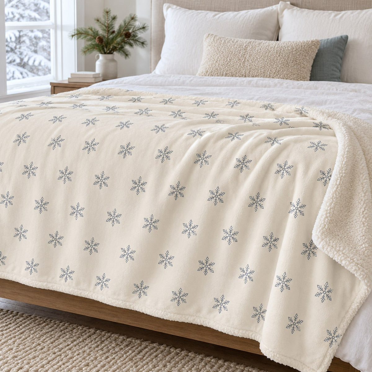 Ivory sherpa fleece blanket with an all-over grey snowflake pattern, across a bed by a snowy window