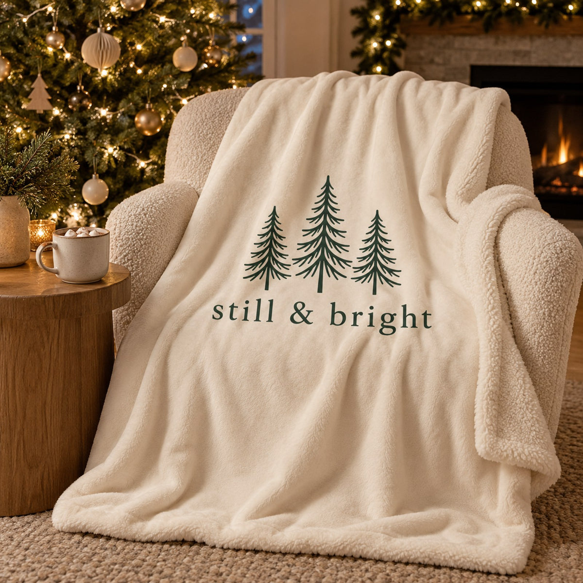Ivory sherpa fleece blanket with three evergreen trees and still & bright, on an armchair by a Christmas tree and fireplace