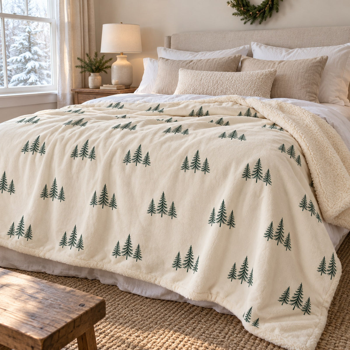 Ivory sherpa fleece blanket with an all-over green evergreen tree pattern, across a neutral bed