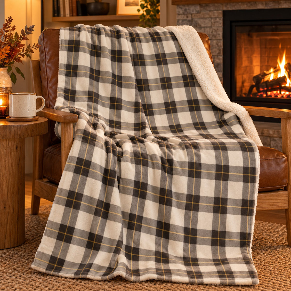 Espresso and ivory buffalo check sherpa fleece blanket with a fine gold line, on a leather armchair by a fireplace