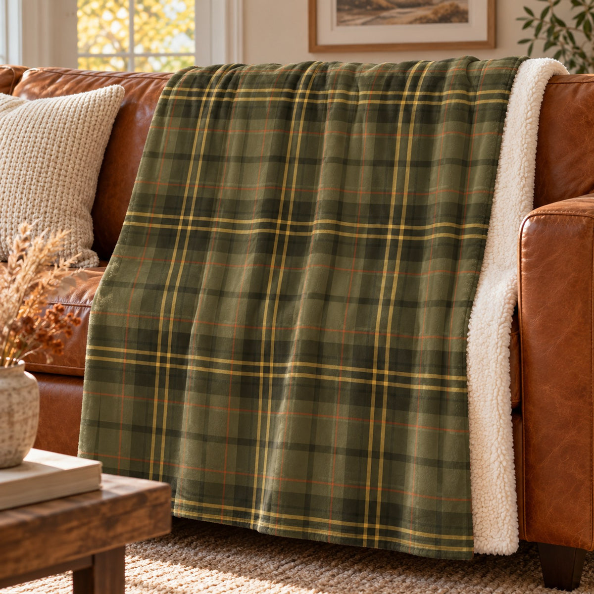 Olive green tartan sherpa fleece blanket with gold lines, draped over a cognac leather sofa