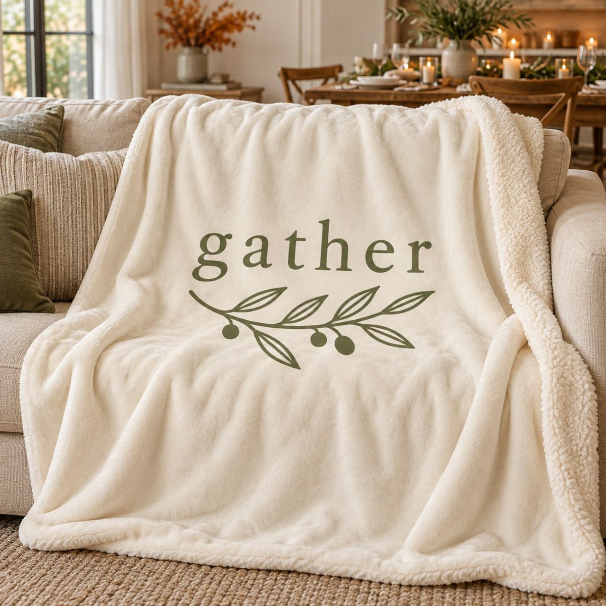 Ivory sherpa fleece blanket with gather and an olive branch in green, draped over a sofa near a fall dining table