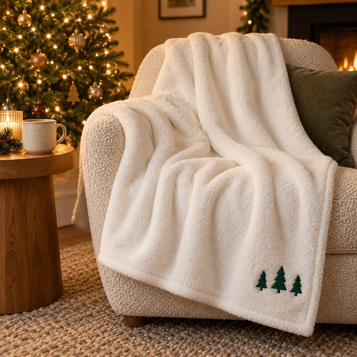Ivory plush throw with three small embroidered green pine trees, draped over an armchair beside a lit Christmas tree