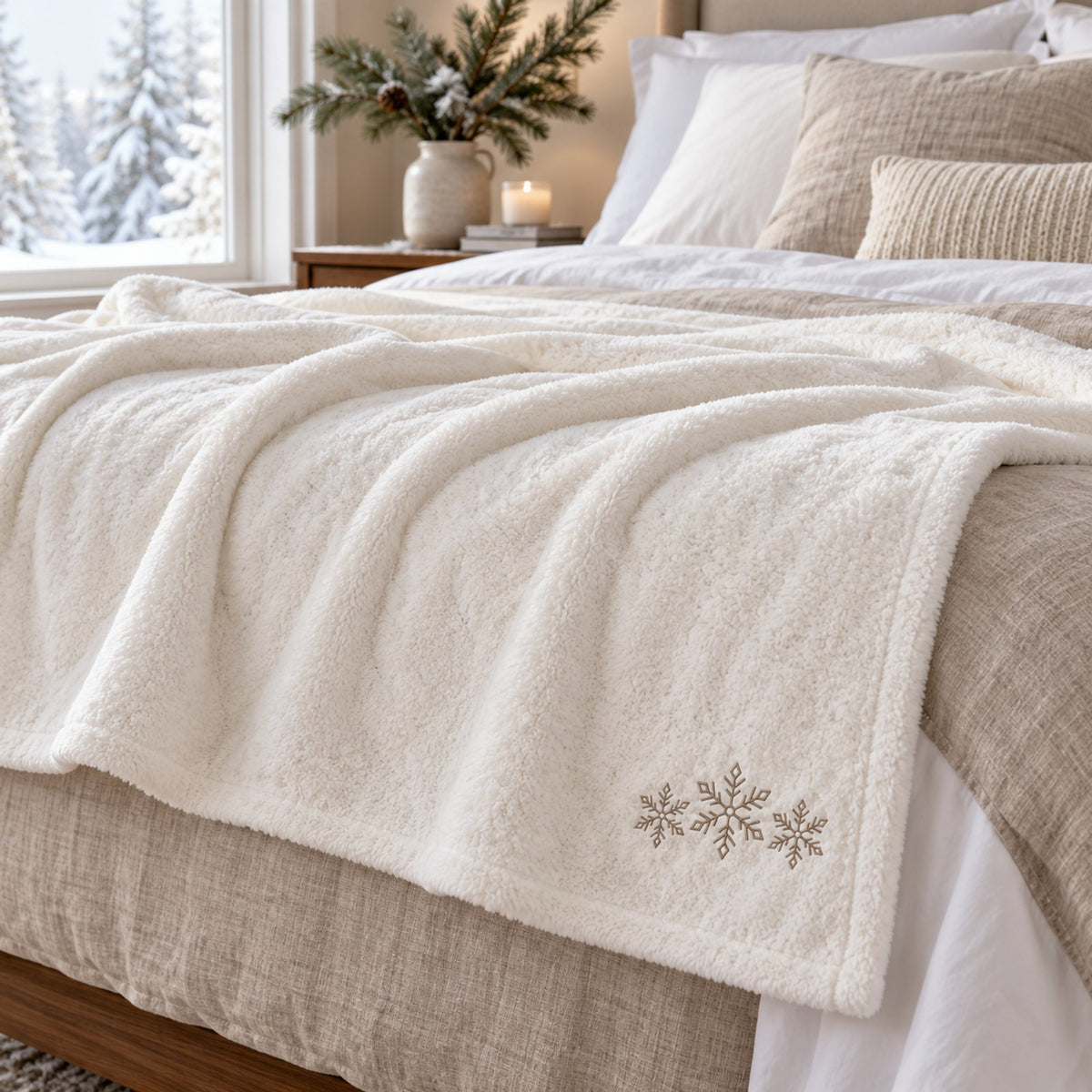 Ivory plush throw with three small embroidered taupe snowflakes along the edge, on a bed by a snowy window