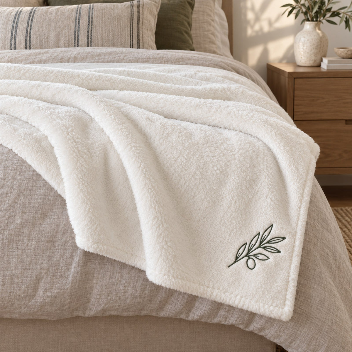 Ivory plush throw with a small embroidered olive branch at the corner, folded across a neutral linen bed