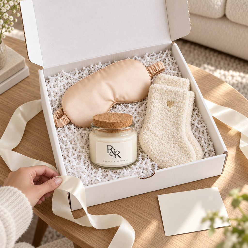 Hands tying a ribbon by a gift box holding an R&R monogram candle, champagne satin sleep mask and ivory lounge socks
