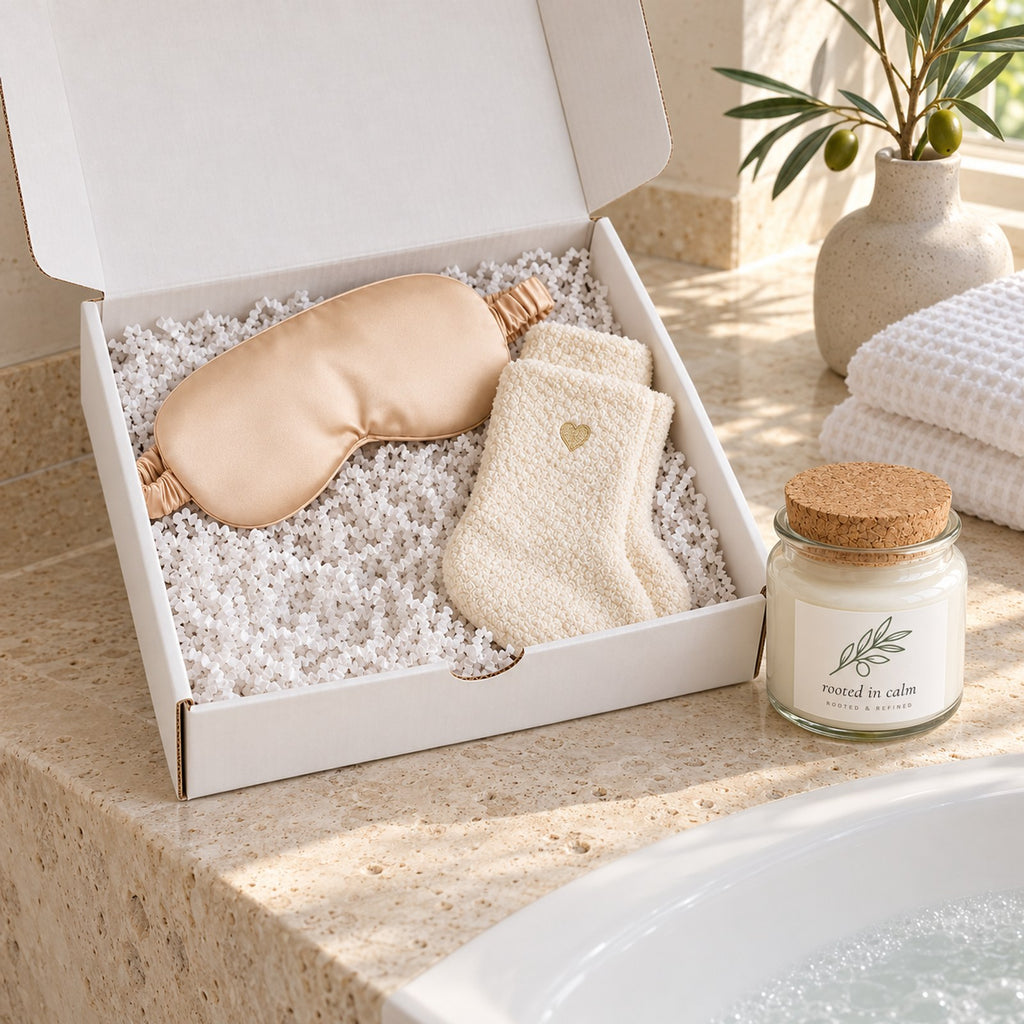 Gift box with a champagne satin sleep mask and ivory socks beside a rooted in calm olive branch candle, by a bath