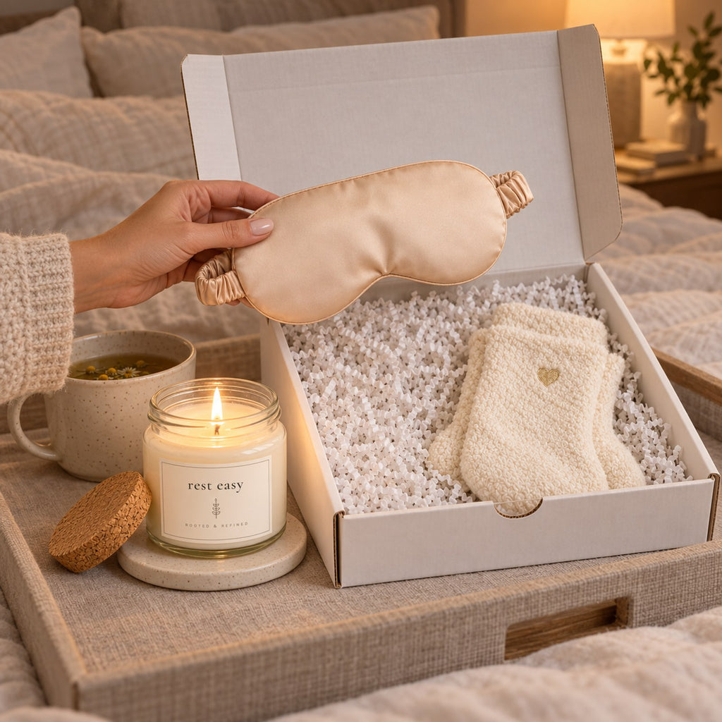 Hand lifting a champagne satin sleep mask from a gift box with ivory socks, beside a lit rest easy candle on a bed tray