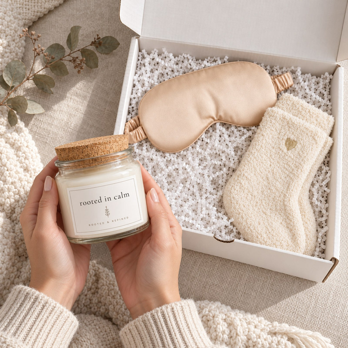 Hands holding a rooted in calm candle beside a gift box with a champagne satin sleep mask and ivory socks