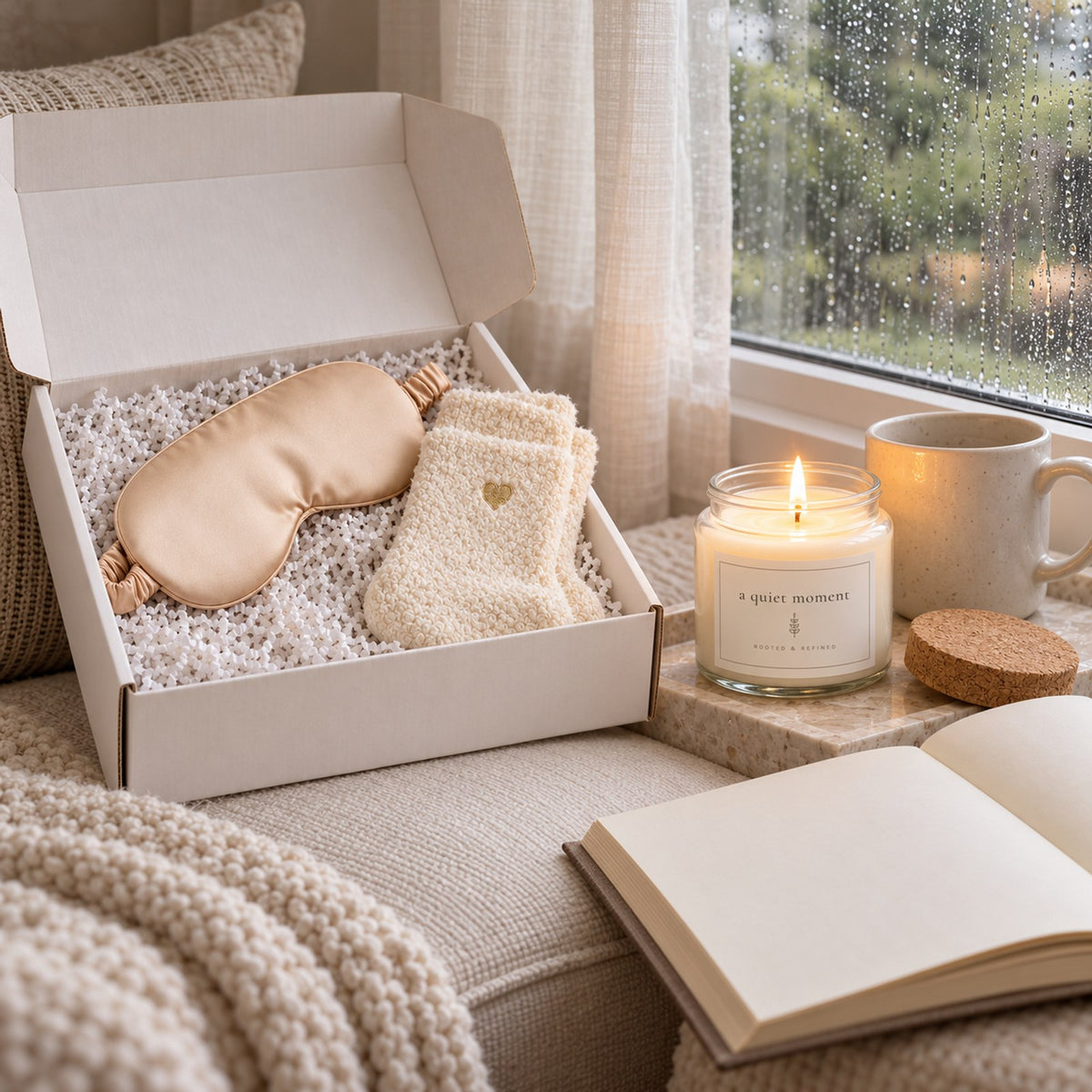 Gift box with a champagne satin sleep mask and ivory socks beside a lit a quiet moment candle and an open journal by a rainy window