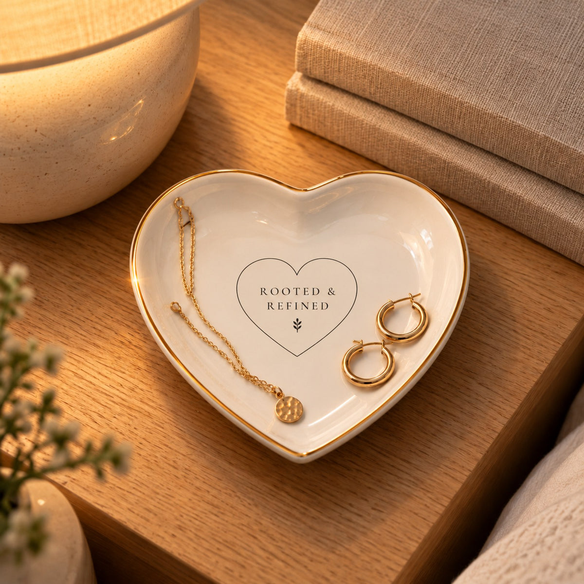 Gold-rimmed white heart trinket dish with the Rooted & Refined signature heart, holding gold hoops and a chain on a nightstand