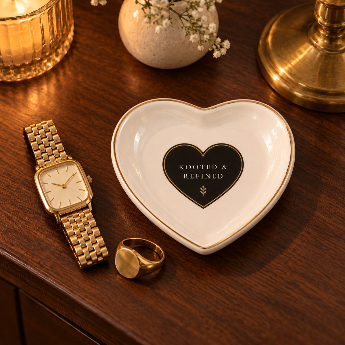 Gold-rimmed heart trinket dish with a black heart and Rooted & Refined, beside a gold watch and signet ring