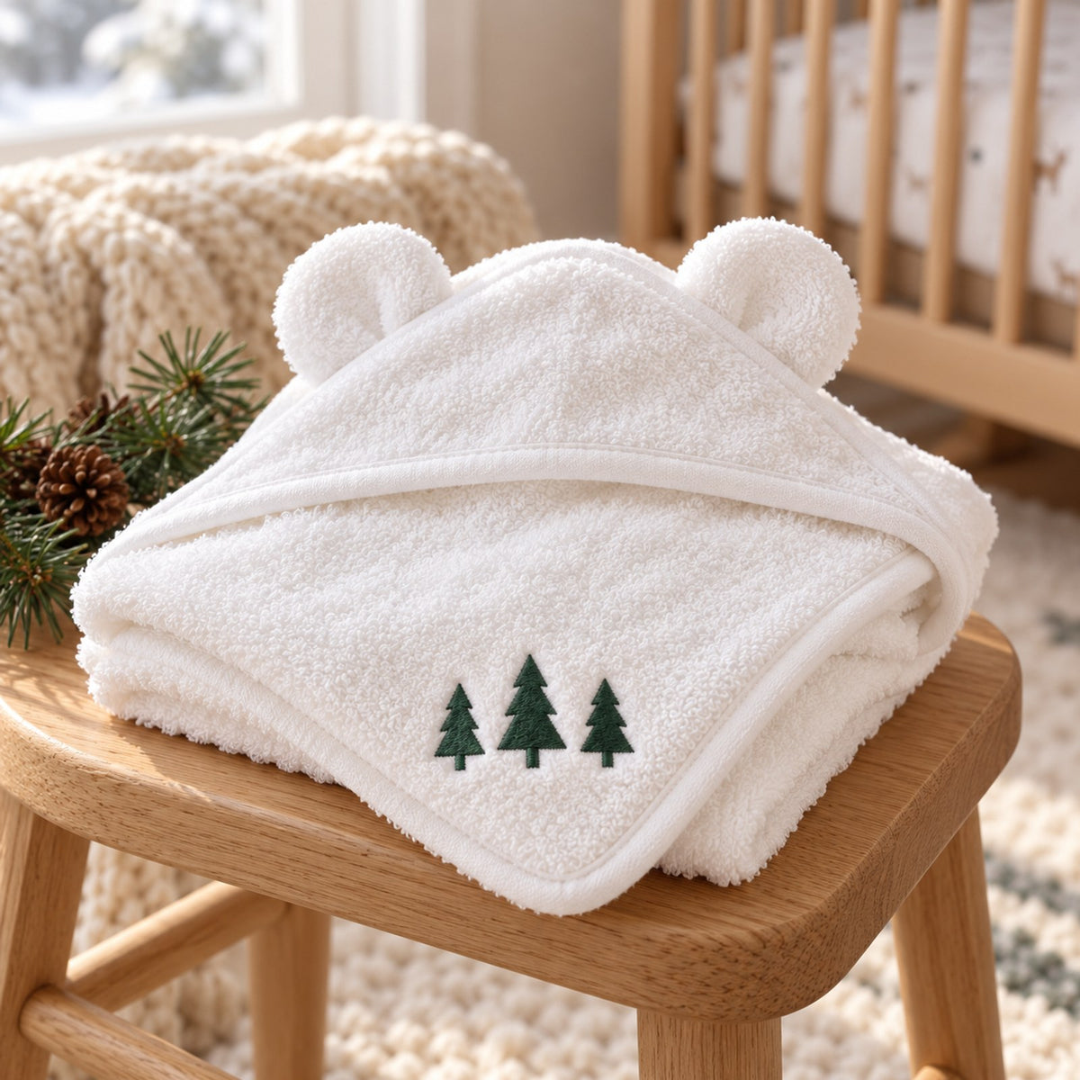 White bear-ear baby hooded towel with three embroidered green evergreen trees, on a wooden stool in a nursery