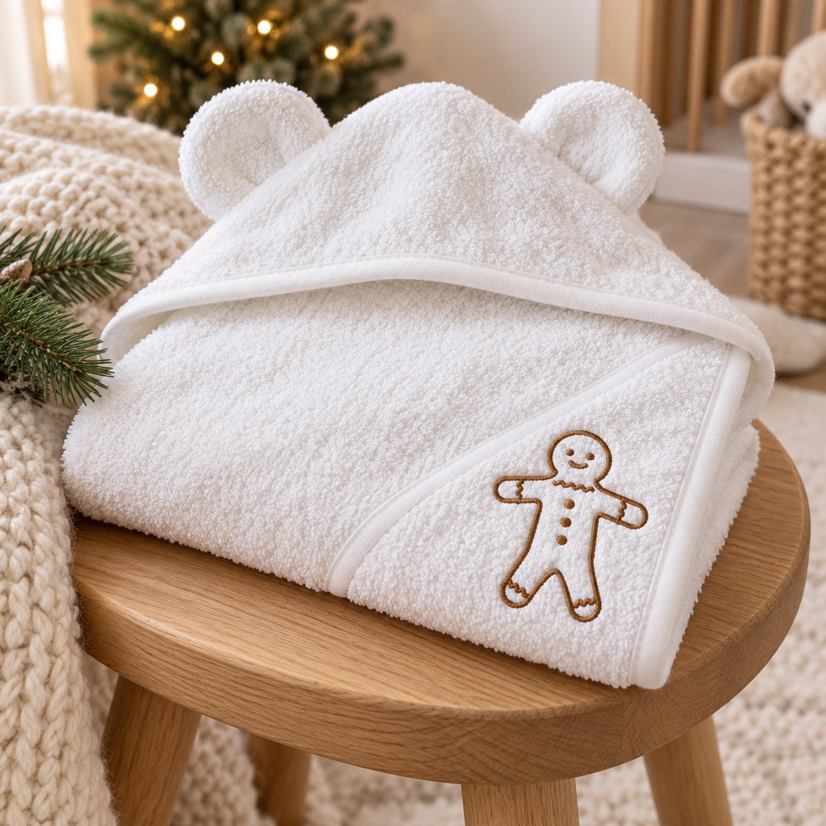 White bear-ear baby hooded towel with an embroidered gingerbread man, on a wooden stool with pine sprigs