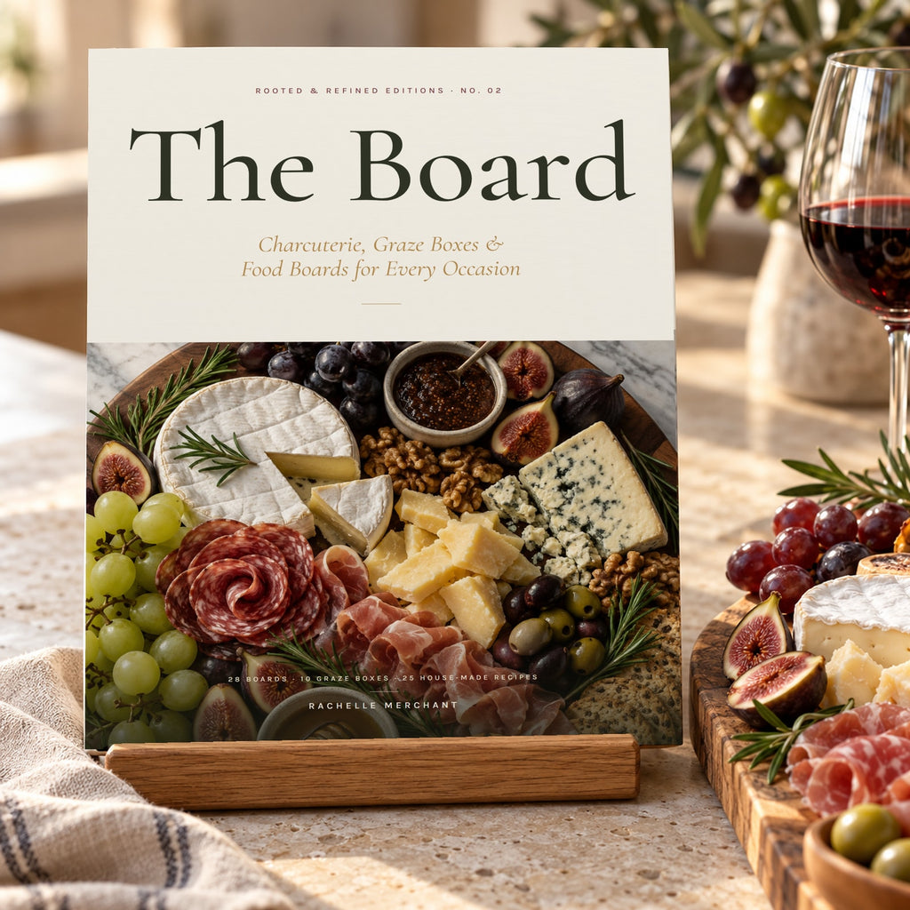 The Board: Charcuterie, Graze Boxes & Food Boards hardcover cookbook by Rachelle Merchant, standing on an oak book stand on a styled grazing table