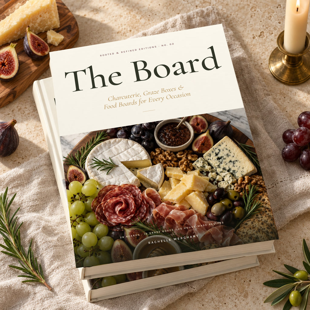 The Board: Charcuterie, Graze Boxes & Food Boards hardcover cookbook by Rachelle Merchant, two copies stacked on linen