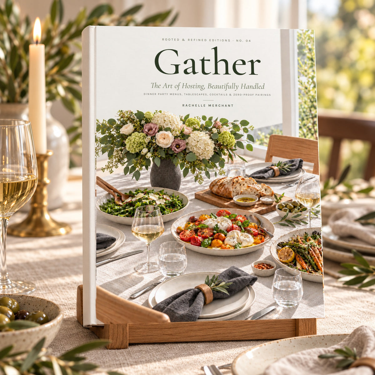 Gather: The Art of Hosting hardcover cookbook by Rachelle Merchant, standing on an oak book stand on a styled hosting table