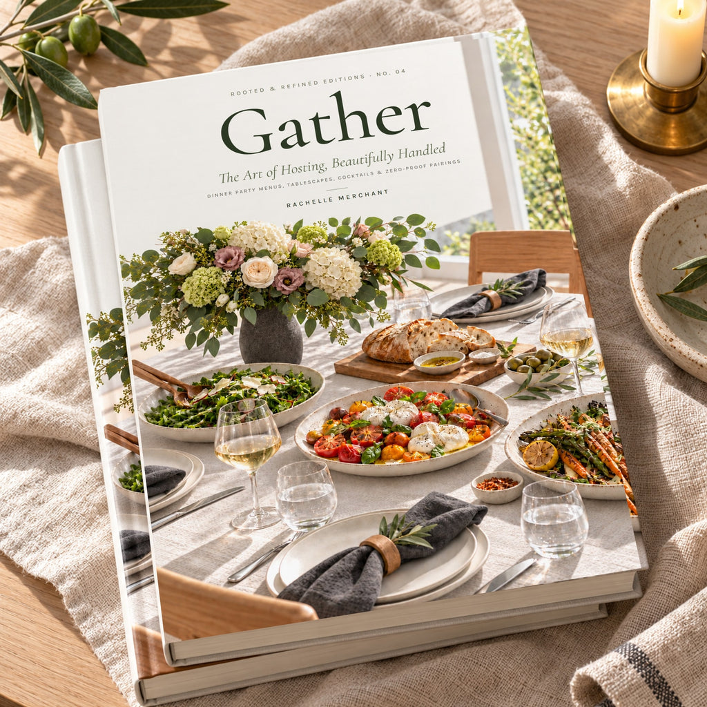 Gather: The Art of Hosting hardcover cookbook by Rachelle Merchant, two copies stacked on linen
