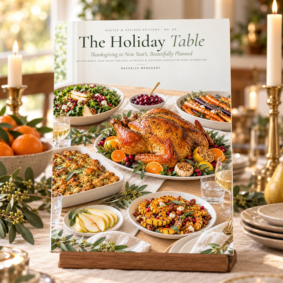 The Holiday Table: Thanksgiving to New Year's hardcover cookbook by Rachelle Merchant, standing on an oak book stand on a styled holiday table