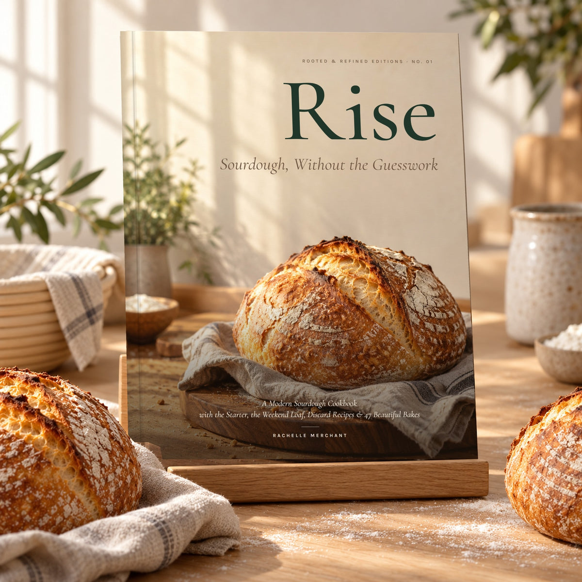 Rise: Sourdough, Without the Guesswork hardcover cookbook by Rachelle Merchant, standing on an oak book stand on a styled baking table