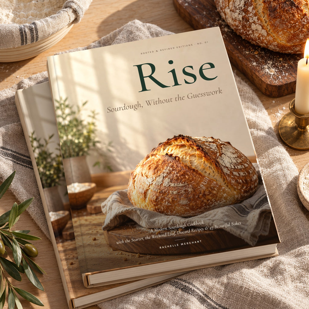 Rise: Sourdough, Without the Guesswork hardcover cookbook by Rachelle Merchant, two copies stacked on linen