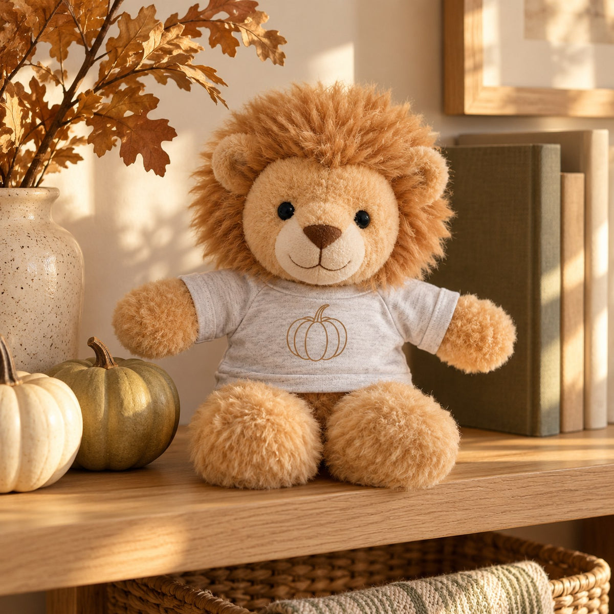 Little Lion, Fall Edition: Plush with Pumpkin Tee by Rooted & Refined