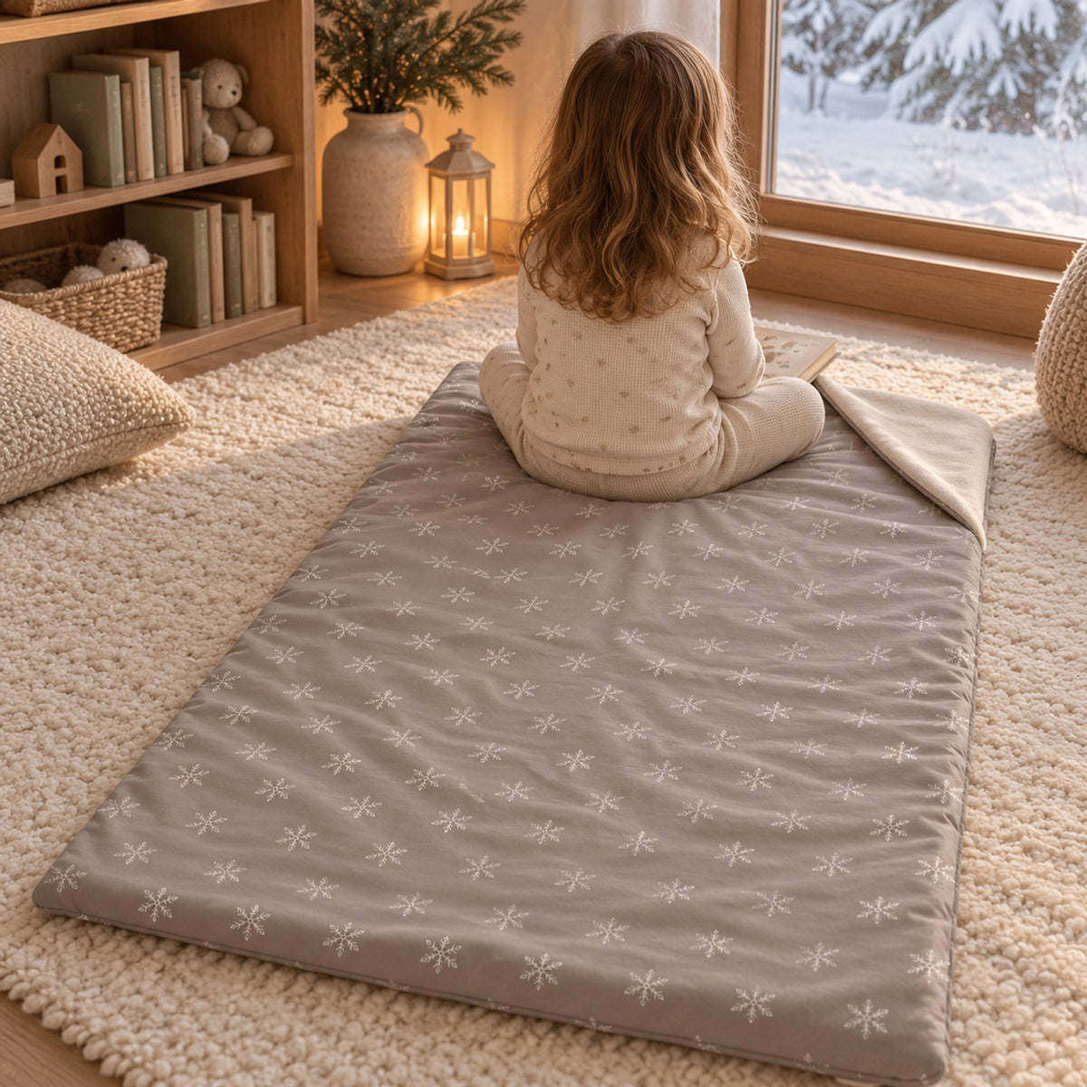 Snowflake Minky Toddler Sleeping Bag, Warm Grey by Rooted & Refined