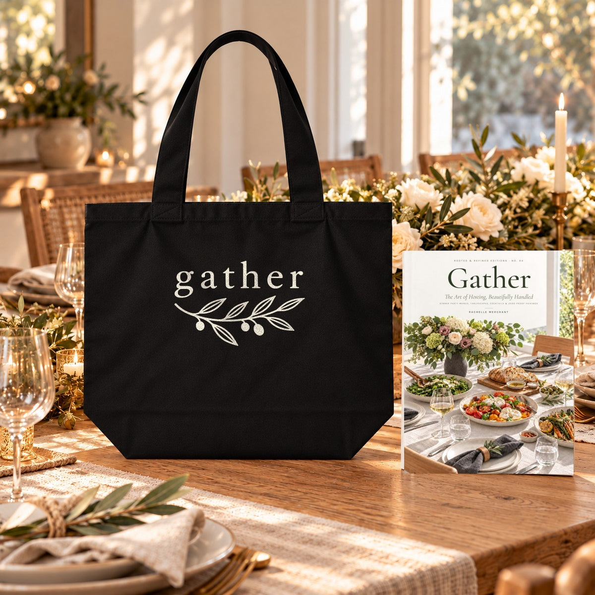 Gather Cookbook & Tote Set: the Gather paperback cookbook by Rachelle Merchant beside the black Gather Organic Cotton Tote on a dining table set for guests