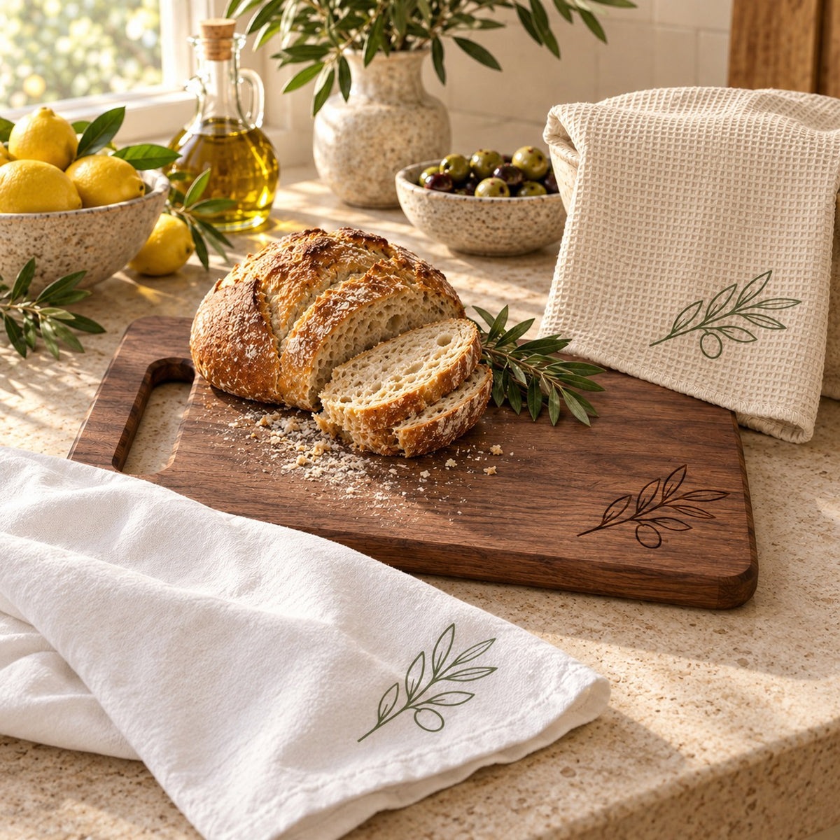 Olive Branch Baker's Kitchen Gift Set by Rooted & Refined: engraved wood cutting board with the matching tea towel and waffle towel on a kitchen counter