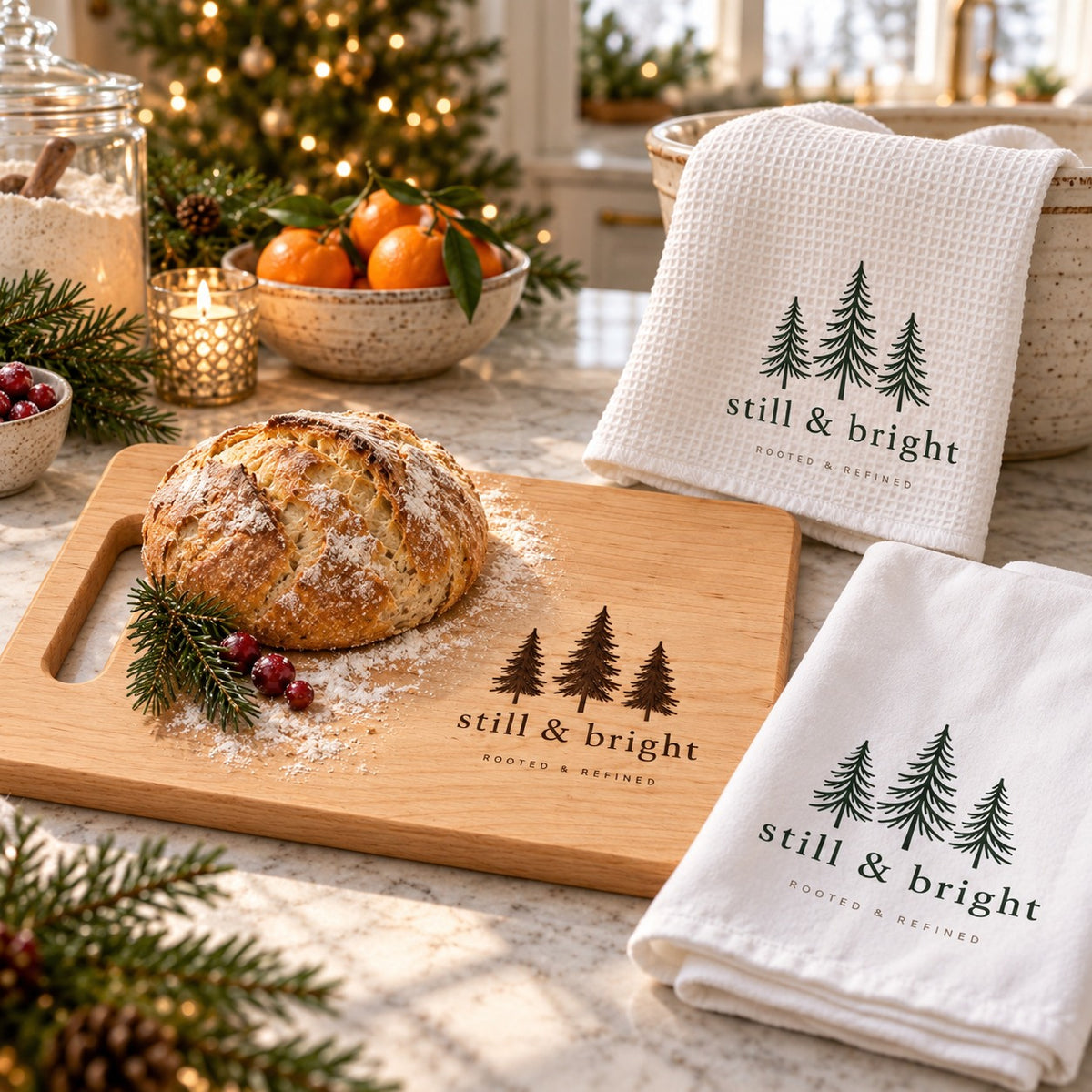 Still & Bright Evergreen Baker's Kitchen Gift Set by Rooted & Refined: engraved wood cutting board with the matching tea towel and waffle towel on a kitchen counter