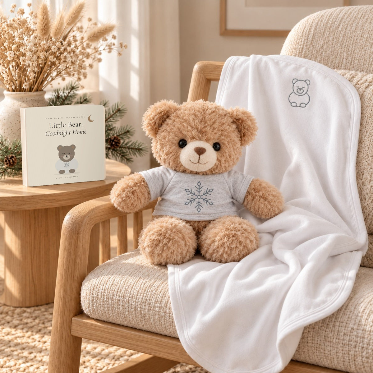 Little Bear Book, Plush & Blanket Gift Set by Rooted & Refined: the Little Bear plush on the white embroidered jersey blanket draped over a nursery rocking chair, with the Little Bear, Goodnight Home board book