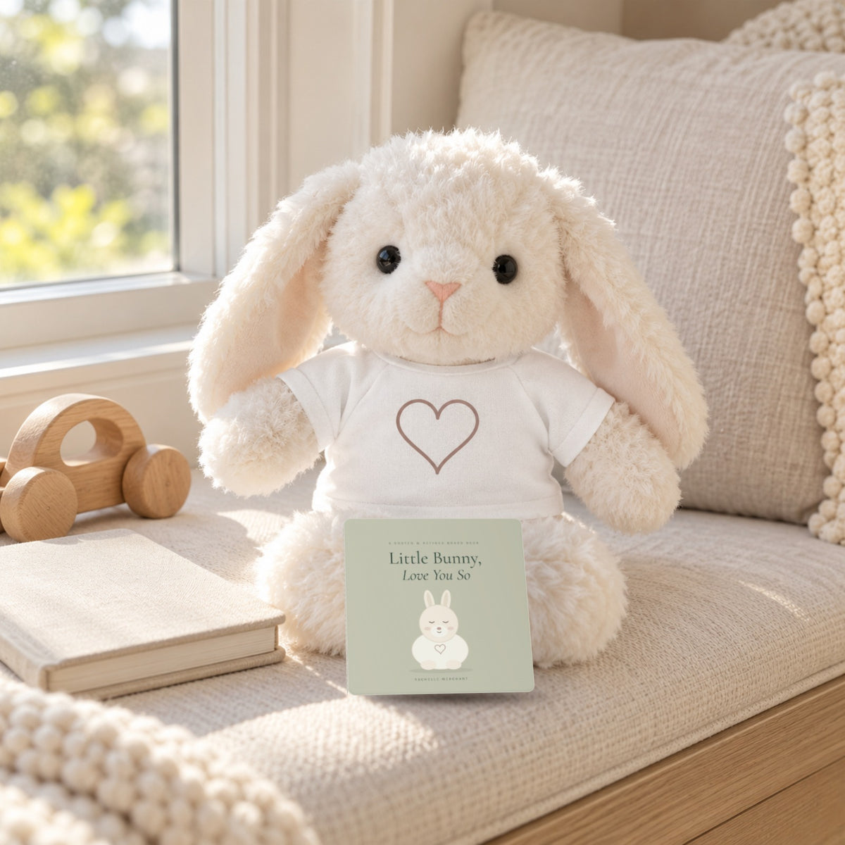 Little Bunny Book & Plush Gift Set by Rooted & Refined: the Little Bunny, Love You So board book with the Little Bunny plush on a nursery shelf