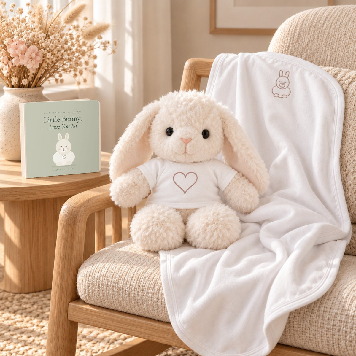 Little Bunny Book, Plush & Blanket Gift Set by Rooted & Refined: the Little Bunny plush on the white embroidered jersey blanket draped over a nursery rocking chair, with the Little Bunny, Love You So board book