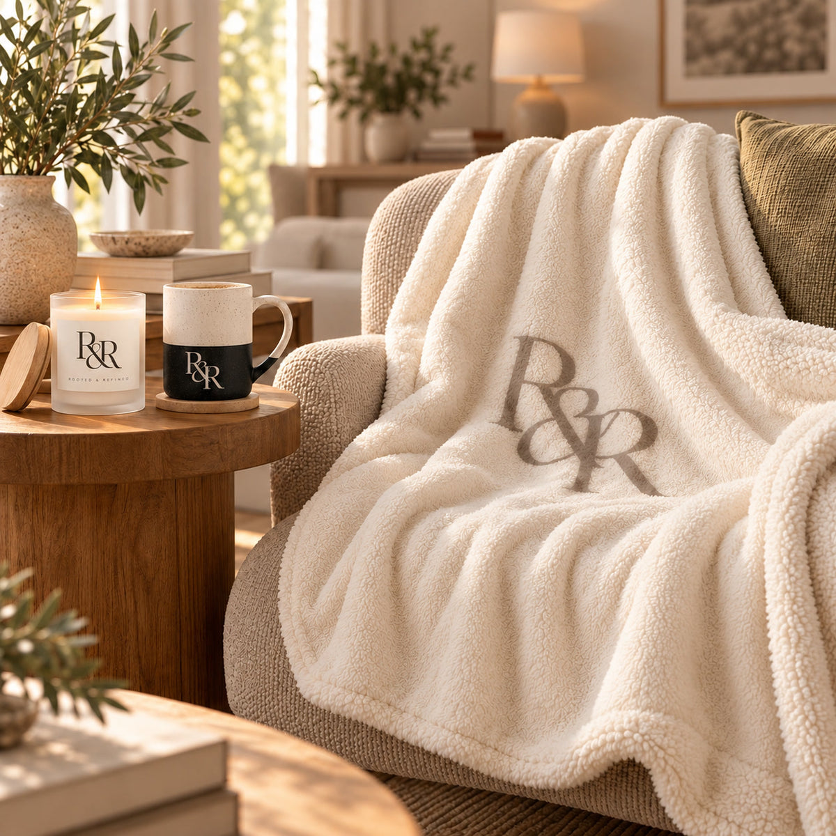 R&R Monogram Cozy Night In Gift Set by Rooted & Refined: sherpa throw draped on a chair with the frosted candle and engraved mug beside it