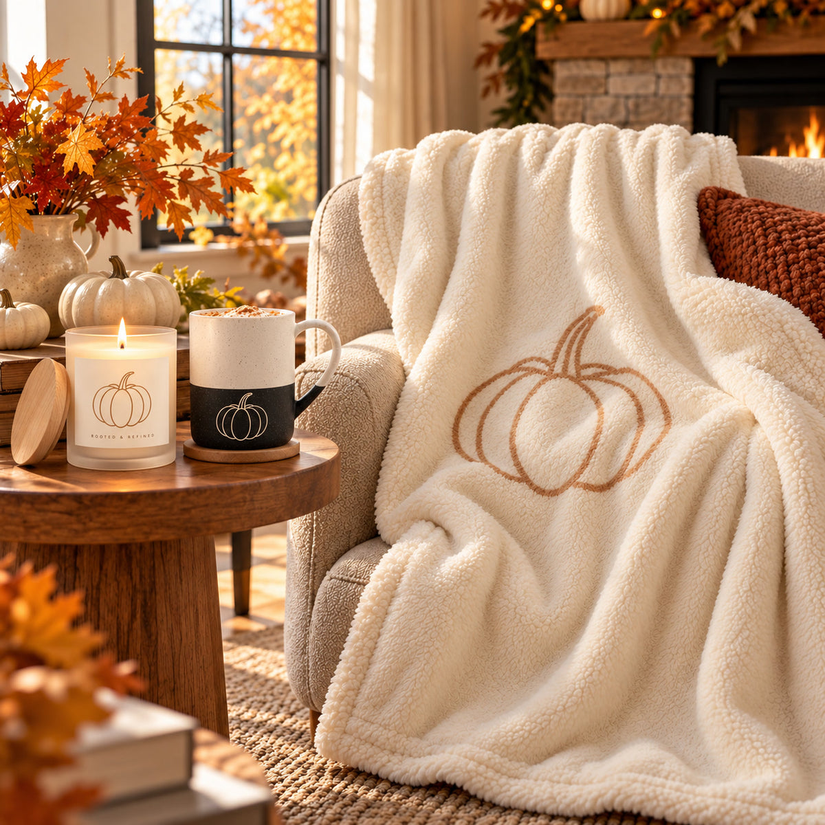 Pumpkin Cozy Night In Gift Set by Rooted & Refined: sherpa throw draped on a chair with the frosted candle and engraved mug beside it
