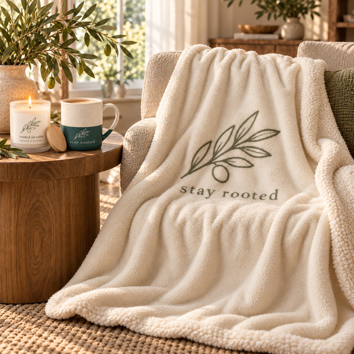 Stay Rooted Olive Branch Cozy Night In Gift Set by Rooted & Refined: sherpa throw draped on a chair with the frosted candle and engraved mug beside it