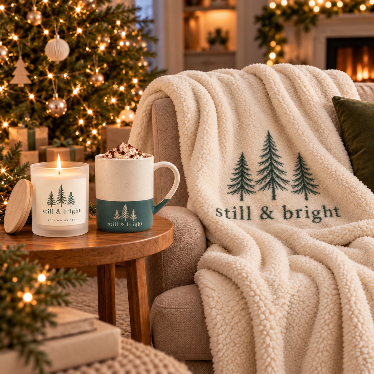 Still & Bright Evergreen Cozy Night In Gift Set by Rooted & Refined: matching sherpa throw draped on a chair with the lit frosted candle and engraved mug beside it