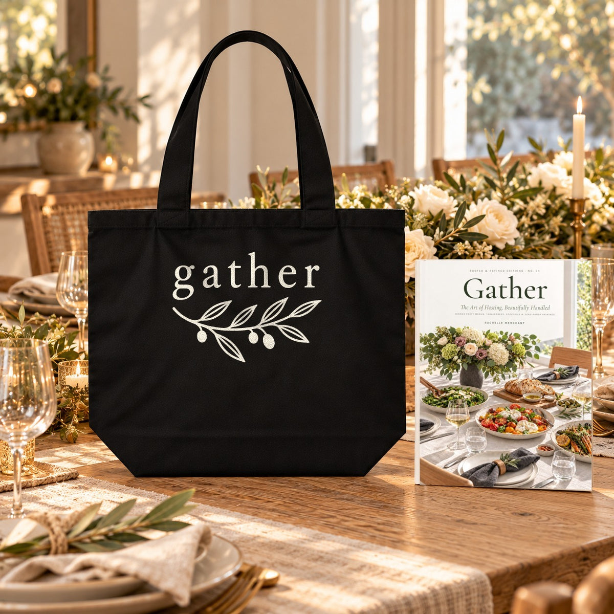 Gather Cookbook & Tote Set: the Gather paperback cookbook by Rachelle Merchant beside the black Gather Shoulder Tote on a dining table set for guests
