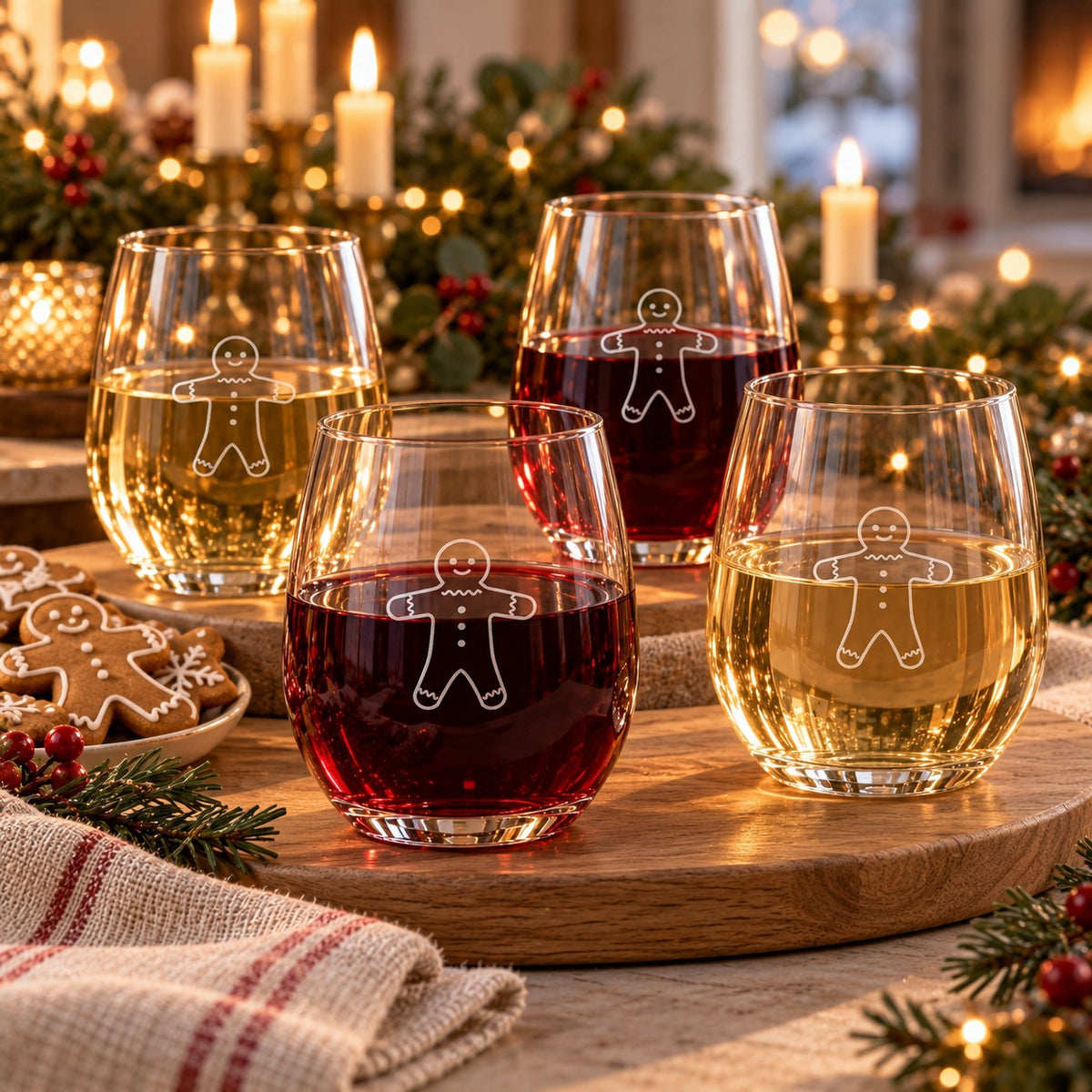 Gilded Gingerbread Engraved Wine Glass Set of 4 by Rooted & Refined: four etched stemless glasses styled together