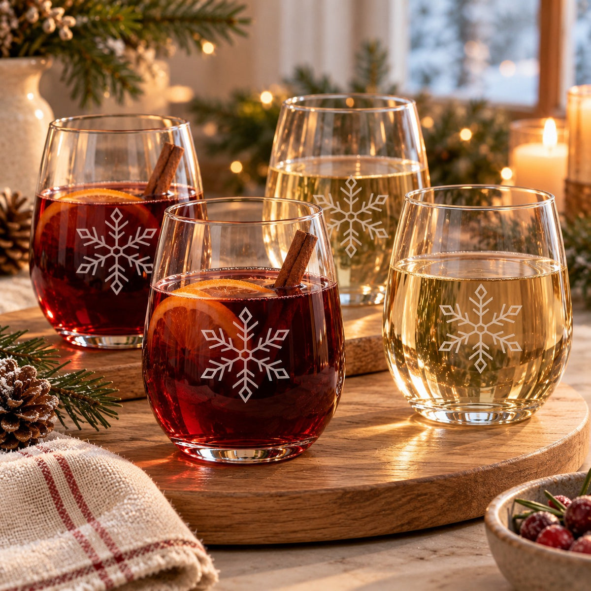 Snowflake Engraved Wine Glass Set of 4 by Rooted & Refined: four etched stemless glasses styled together