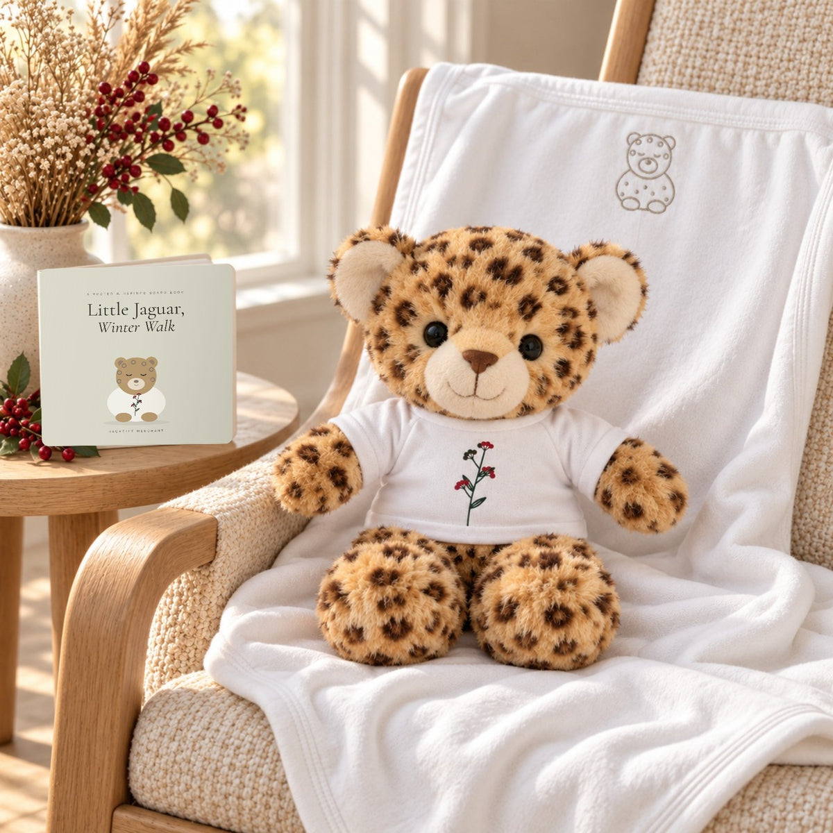 Little Jaguar Book, Plush & Blanket Gift Set by Rooted & Refined: the Little Jaguar plush on the white embroidered jersey blanket draped over a nursery rocking chair, with the Little Jaguar, Winter Walk board book