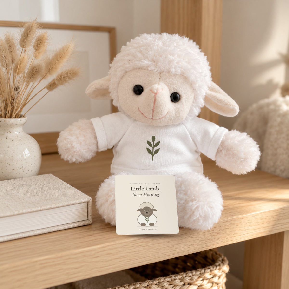 Little Lamb Book & Plush Gift Set by Rooted & Refined: the Little Lamb, Slow Morning board book with the Little Lamb plush on a nursery shelf