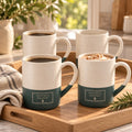 Rooted & Refined Atelier Label Engraved Mug Set of 4 by Rooted & Refined: four forest green speckled mugs styled together