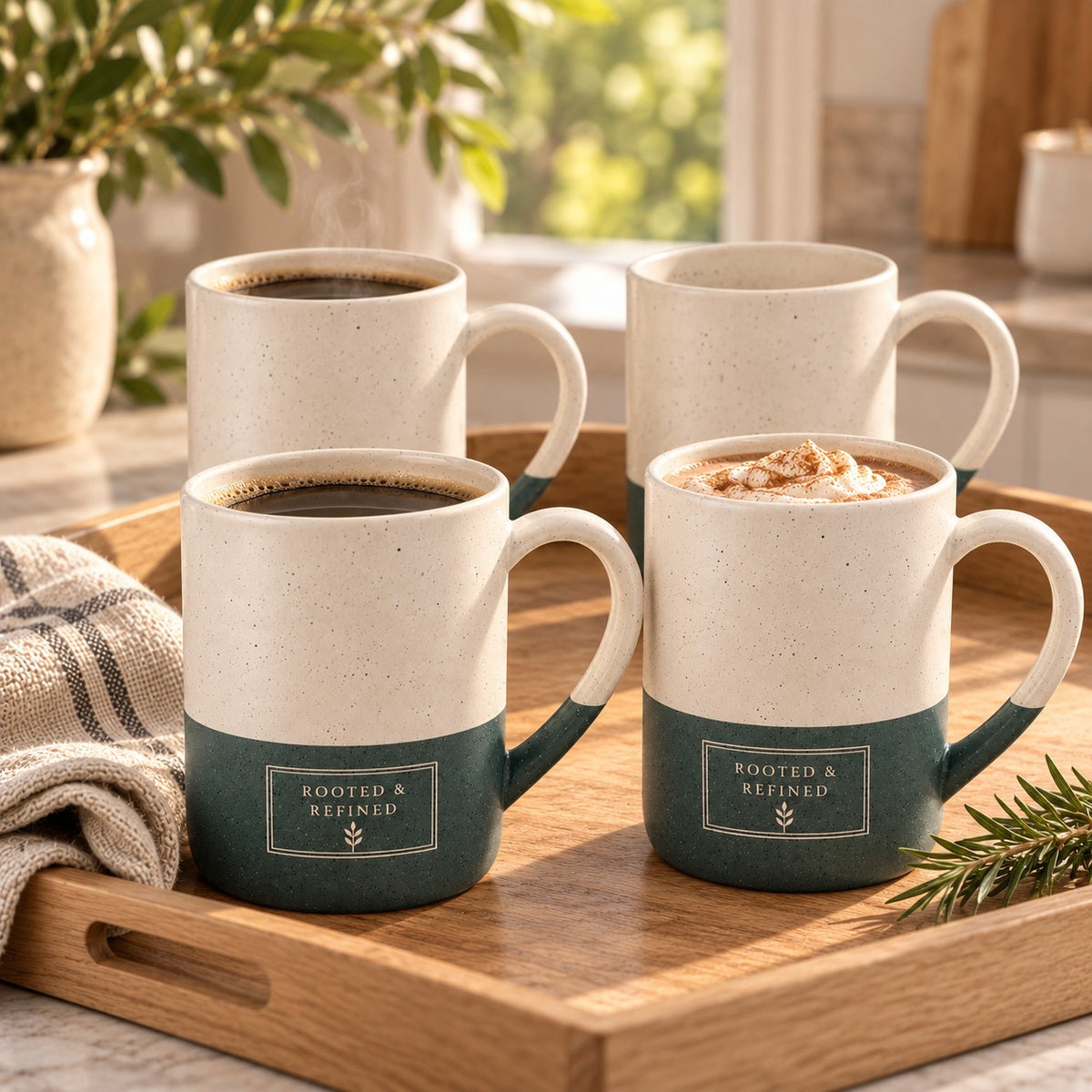 Rooted & Refined Atelier Label Engraved Mug Set of 4 by Rooted & Refined: four forest green speckled mugs styled together