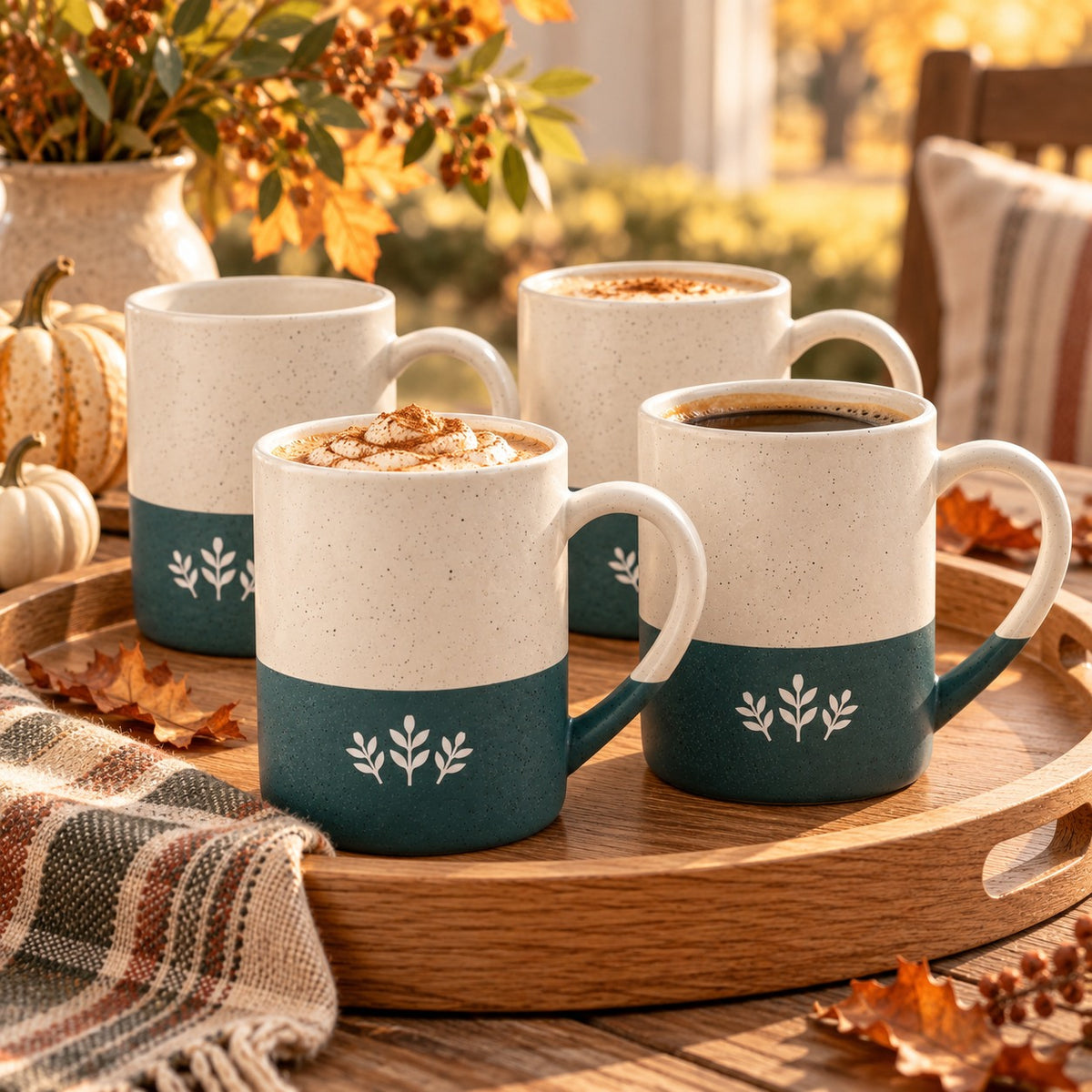 Autumn Sprig Engraved Mug Set of 4 by Rooted & Refined: four forest green speckled mugs styled together