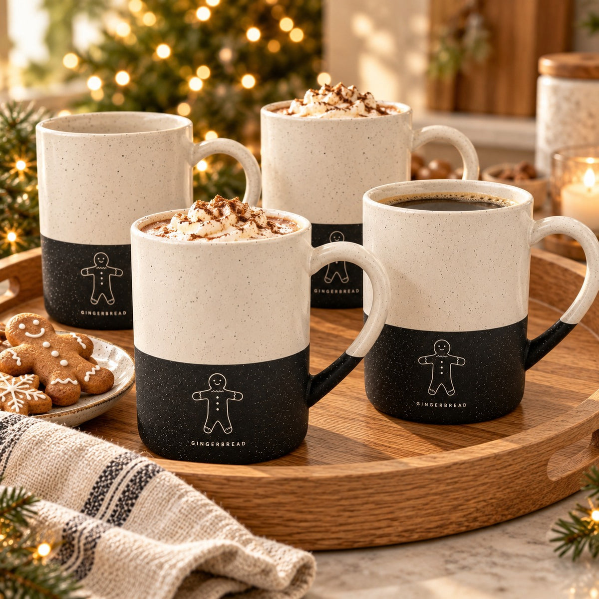 Gingerbread Engraved Mug Set of 4 by Rooted & Refined: four black speckled mugs styled together