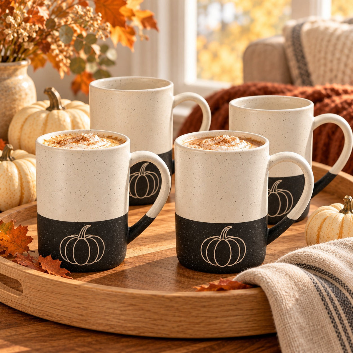 Pumpkin Engraved Mug Set of 4 by Rooted & Refined: four black speckled mugs styled together