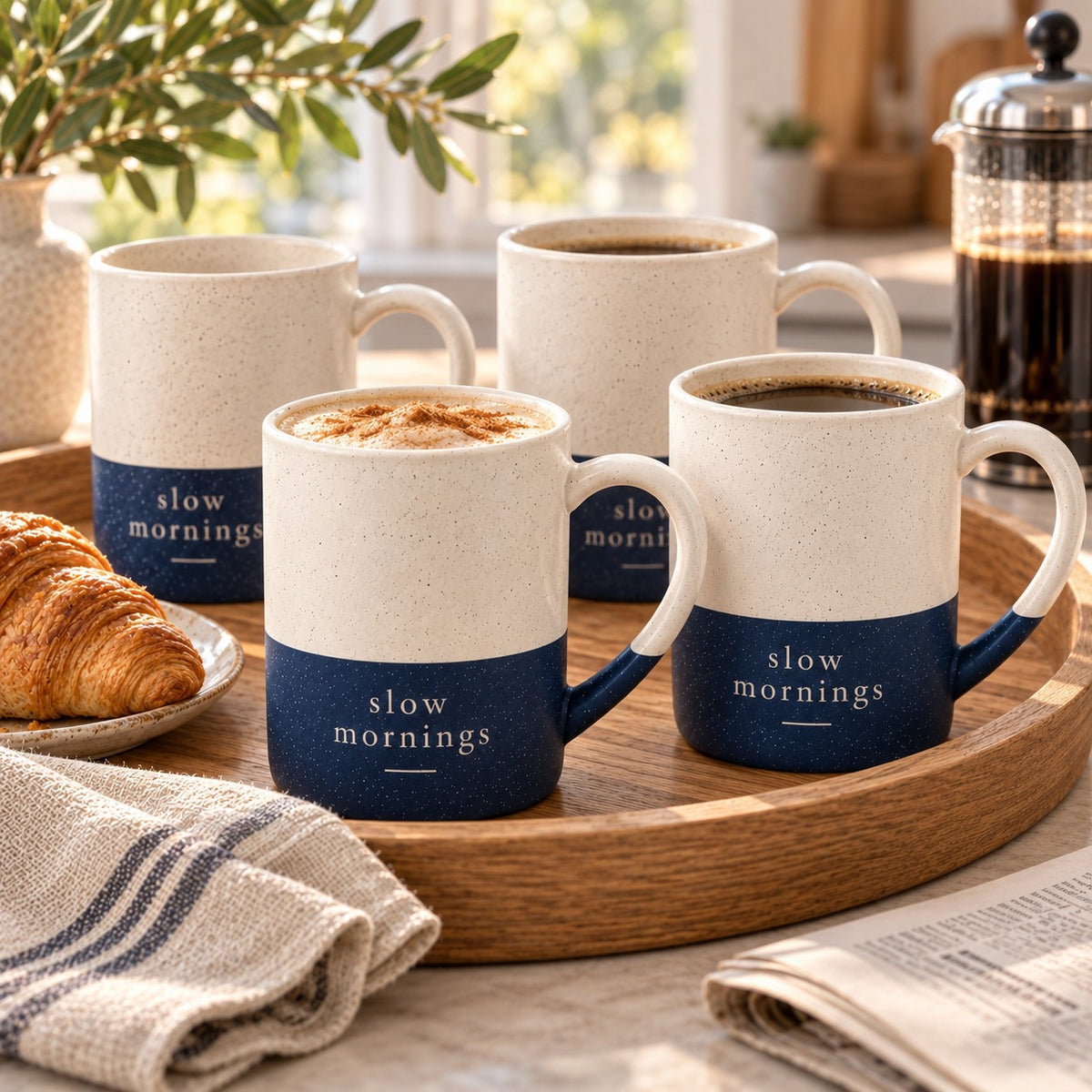 Slow Mornings Engraved Mug Set of 4 by Rooted & Refined: four navy blue speckled mugs styled together
